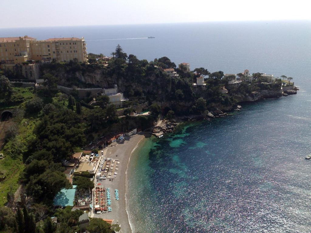 an aerial view of a beach and the ocean at Hotel Miramar in Cap d'Ail