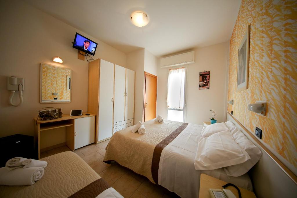 een hotelkamer met een bed en een televisie bij Hotel Petrarca in Rimini