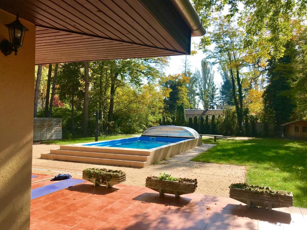 einen Pool in einem Hof mit zwei Topfpflanzen in der Unterkunft Villa Lily in Zamárdi