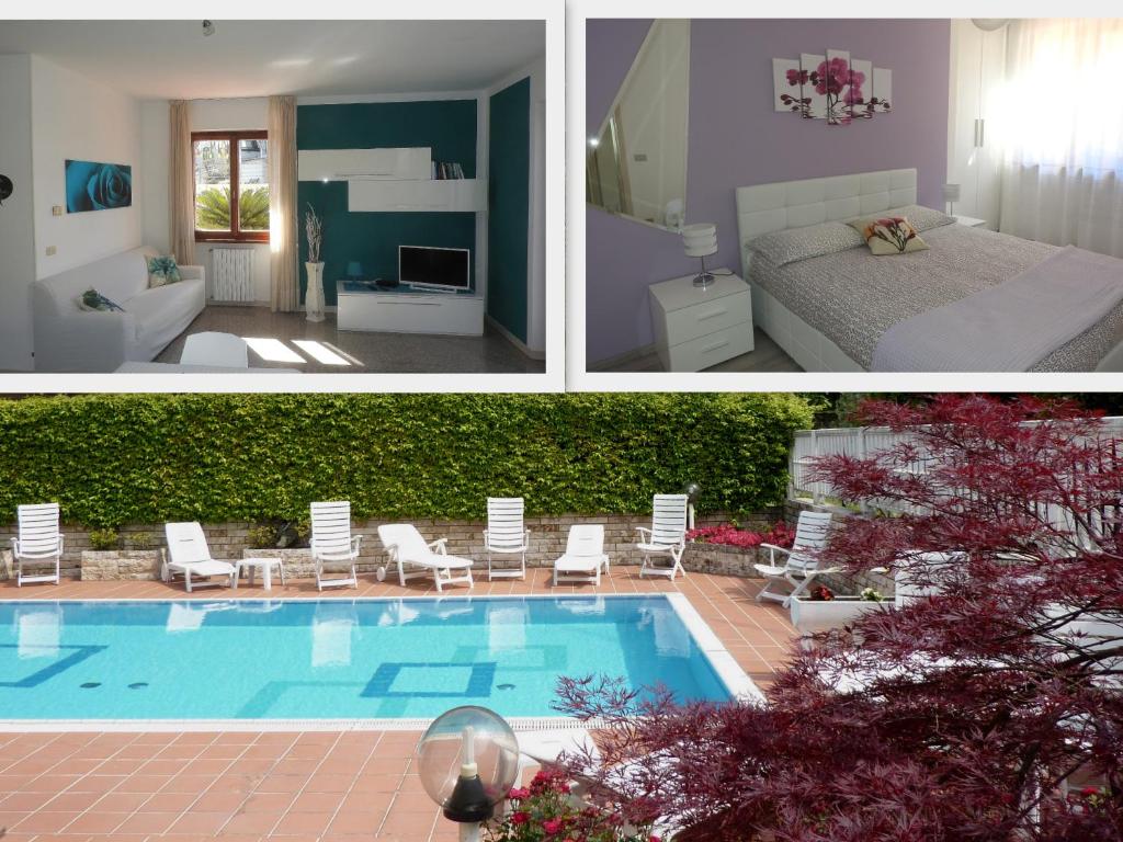 - deux photos d'une chambre et d'une piscine dans l'établissement Villa Fiori, à Malcesine