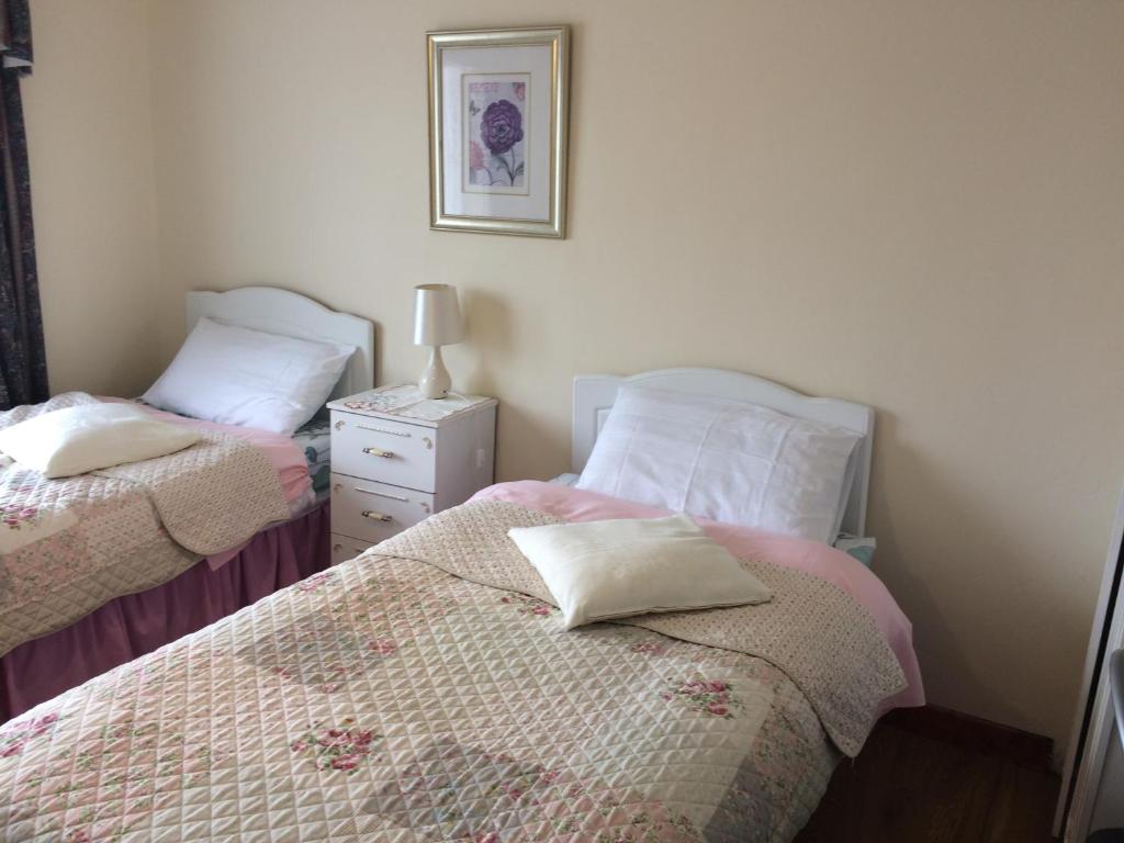 a bedroom with two beds and a night stand with a lamp at Sea View Room Only in Cleggan