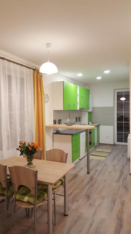 ブラショヴにあるApartament Schiller 58のキッチン(緑のキャビネット、テーブル、椅子付)