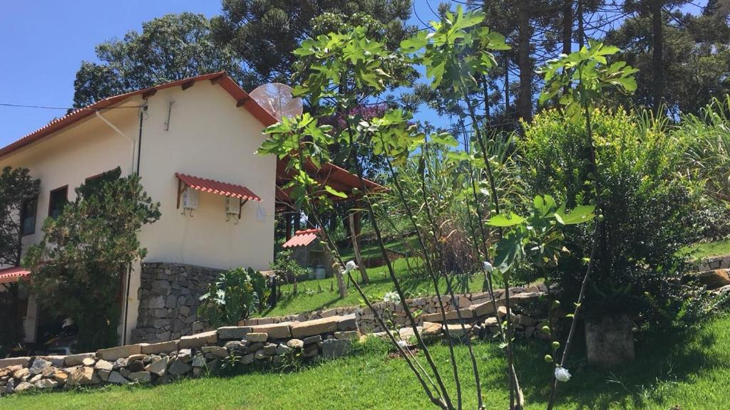a house with a stone wall next to a yard at Pousada Canto dos Pássaros in Itanhandu