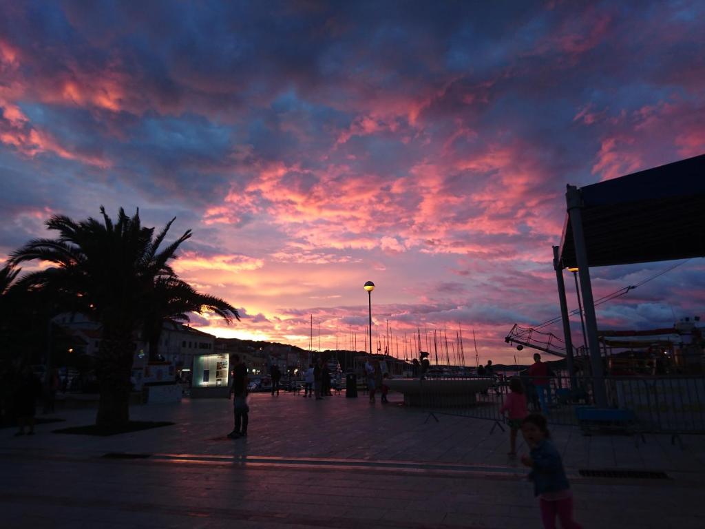 a sunset with a palm tree and a cloudy sky at Guesthouse Palma in Mali Lošinj