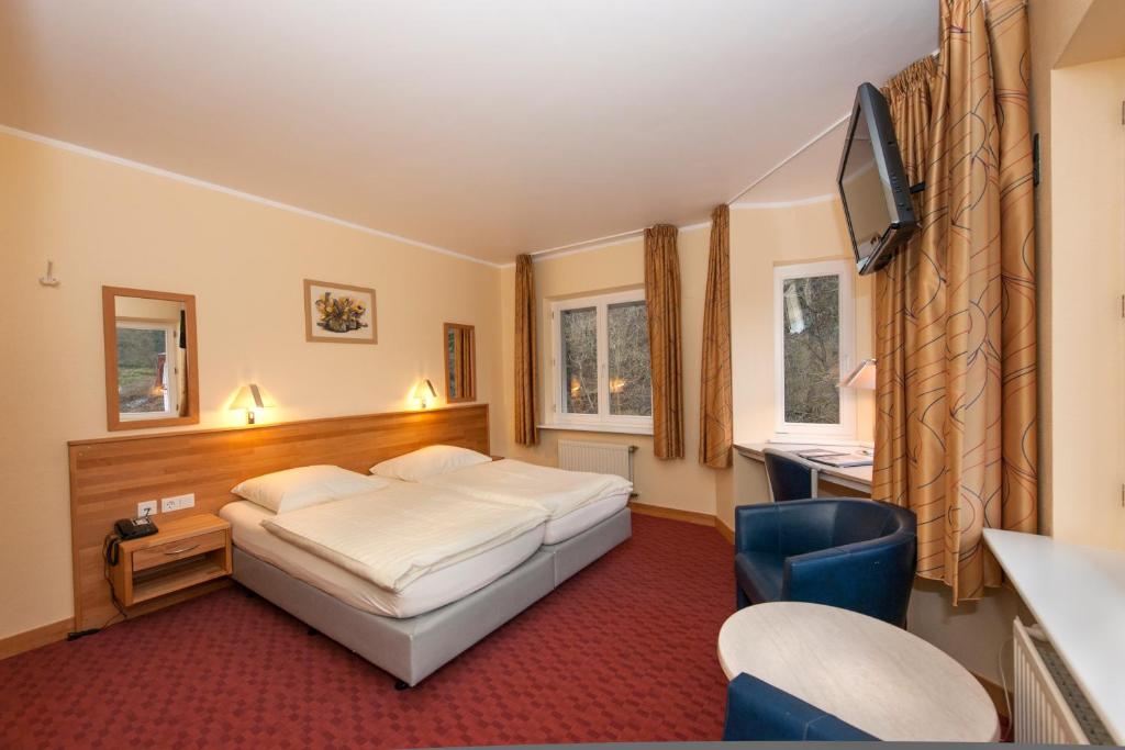 a bedroom with a bed and a flat screen tv at Hotel Belle Vue in Vianden