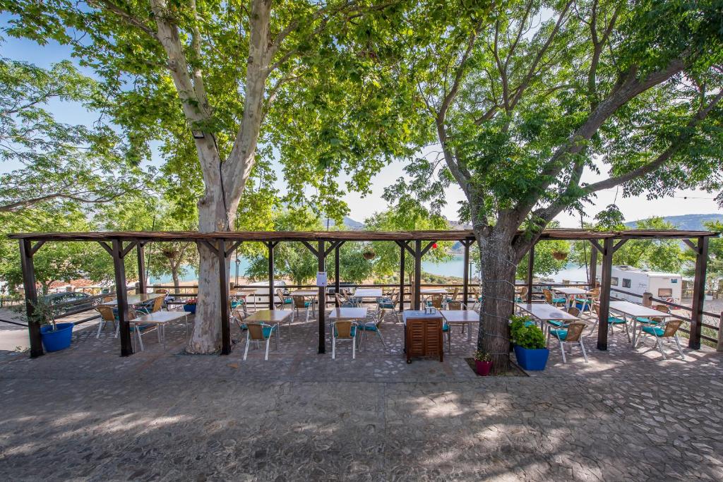 un patio avec des tables et des chaises sous les arbres dans l'établissement Al Lago, à Zahara de la Sierra