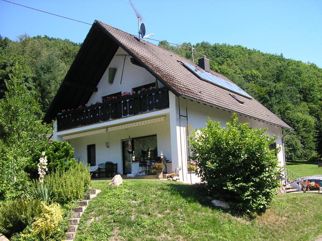 a large white house with a black roof at Ferienwohnung Thömmes in Gräfendhron