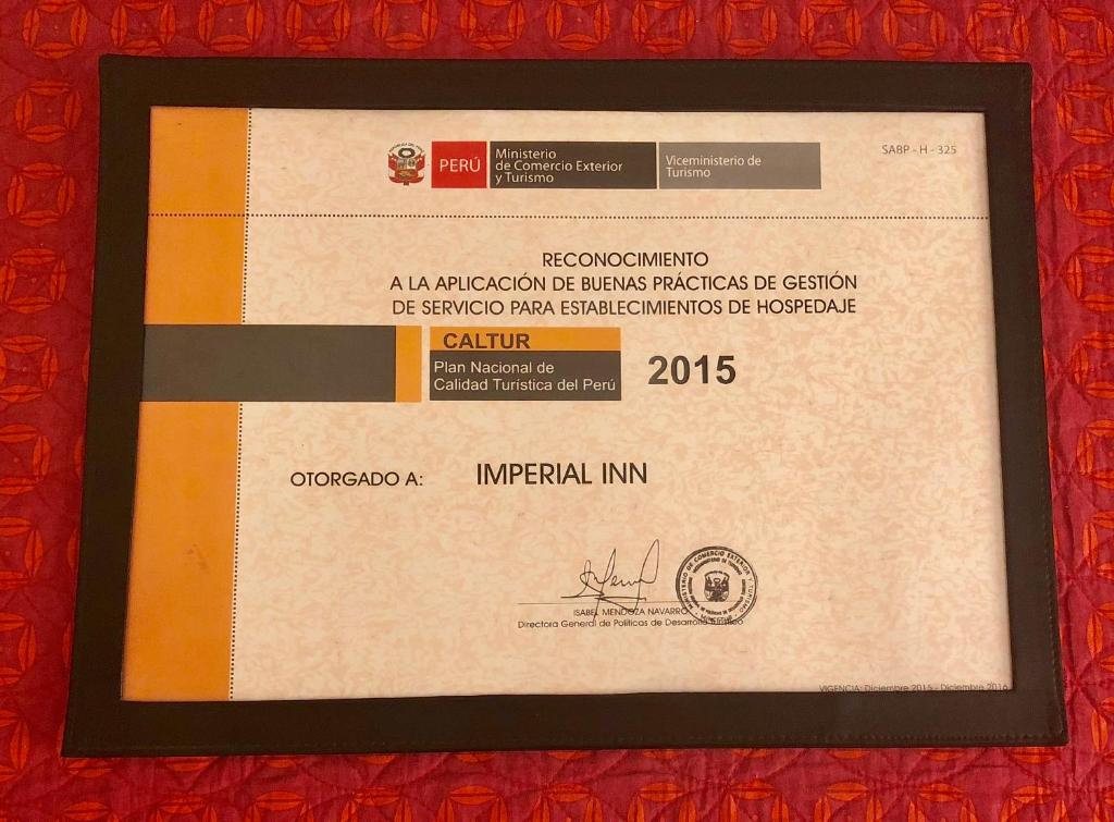 Certifikát, hodnocení, plakát nebo jiný dokument vystavený v ubytování Imperial Inn Hospedaje Turistico
