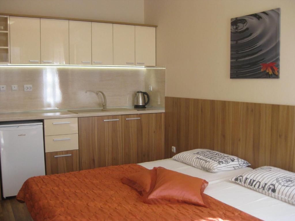 ヴァルナ・シティにあるPrivate Rooms Silviaのベッド1台付きの部屋、シンク付きのキッチン