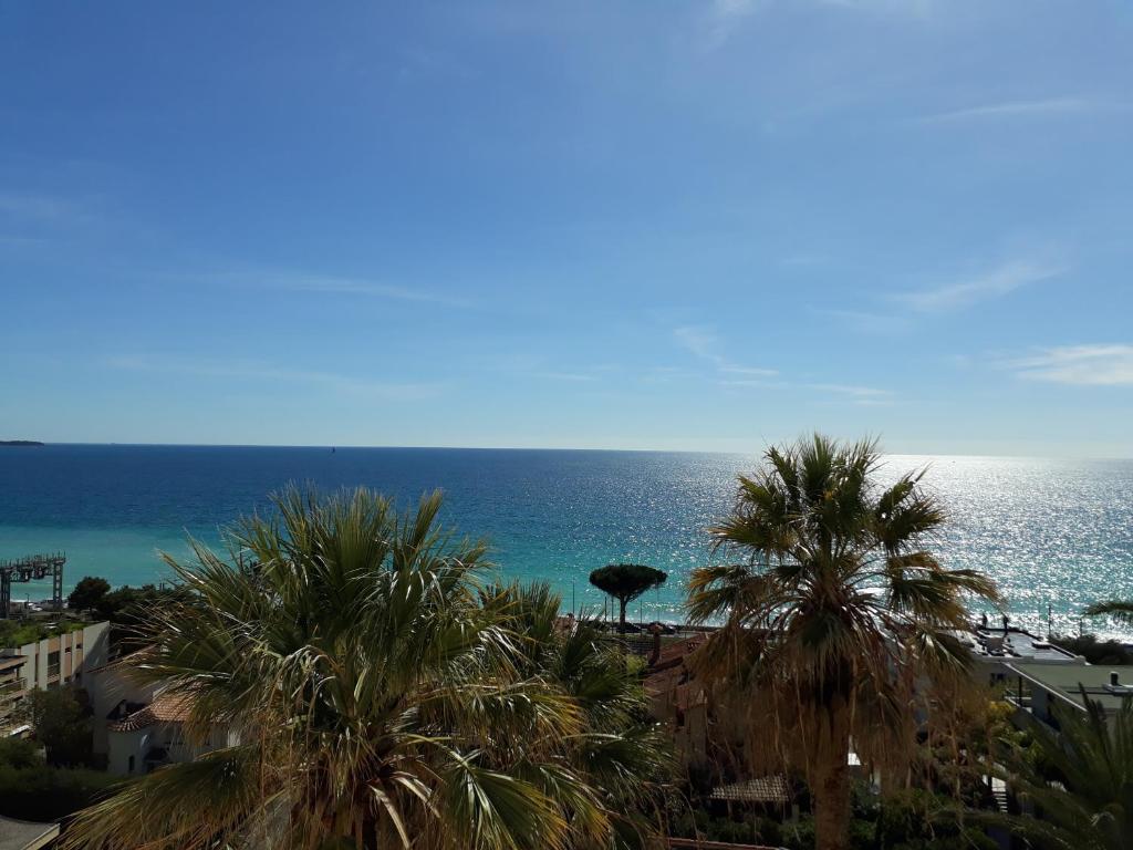 een uitzicht op een strand met palmbomen en de oceaan bij BRAND NEW THREE-BEDROOM SEA VIEW APARTMENT in Cannes
