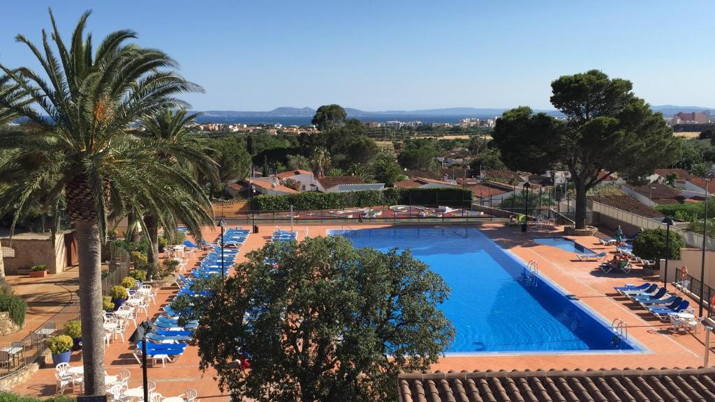 a large swimming pool with lounge chairs and a palm tree at Hotel San Carlos in Roses