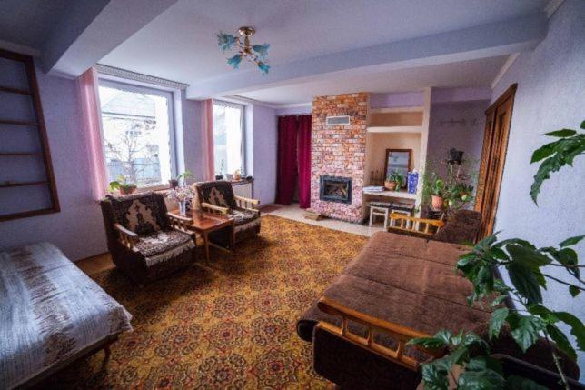 uma ampla sala de estar com um sofá e uma lareira em Domashnya Saduba em Mukacheve