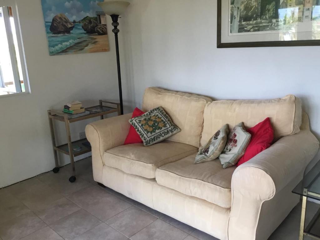 a couch with pillows on it in a living room at The Pool House in Saint Philip