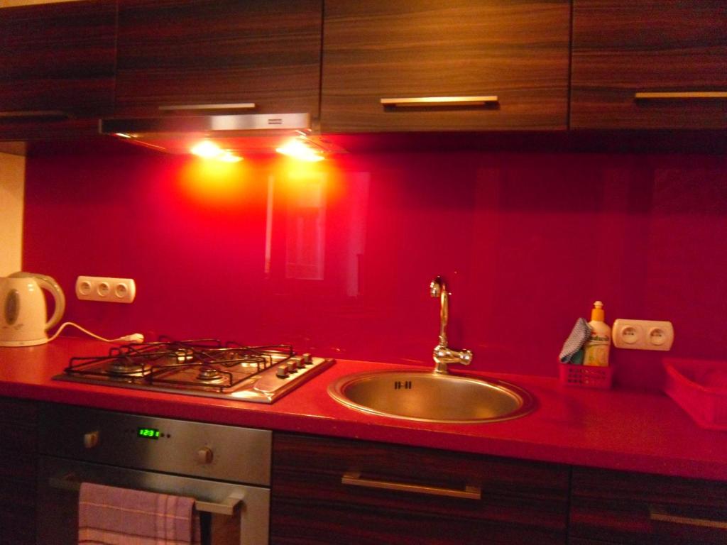 cocina roja con fregadero y fogones en Apartament Berko, en Cracovia
