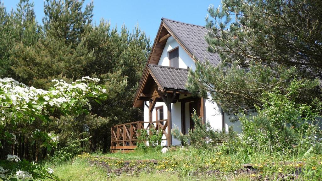 een wit huis met een veranda in het bos bij Domek w Sosnowym Lesie in Sulicice