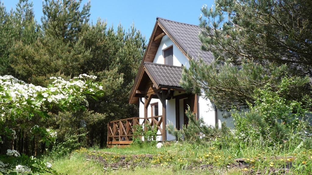 a white house with a porch in the woods at Domek w Sosnowym Lesie in Sulicice