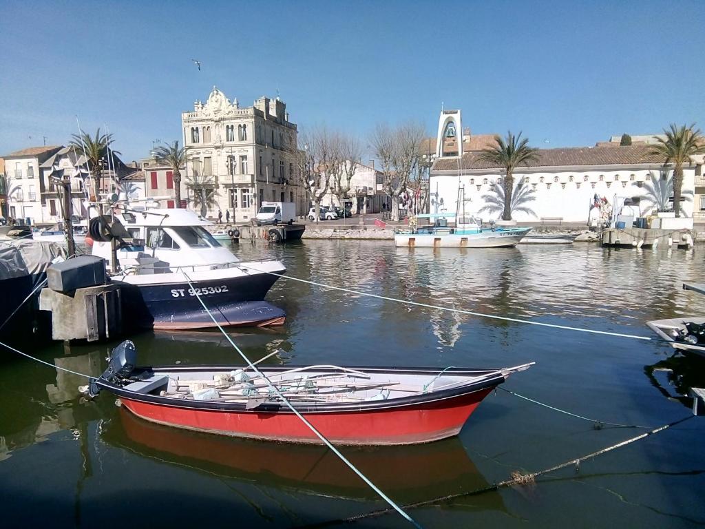 due barche sono ormeggiate in un porto turistico con edifici di Les cigales de mer a Le Grau-du-Roi