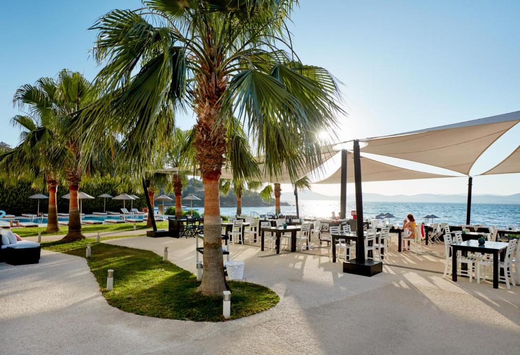 a palm tree next to a beach with tables and umbrellas at Med-Inn Boutique Hotel in Gulluk