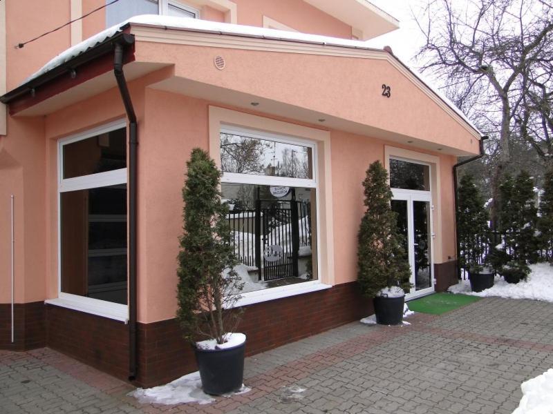羅茲的住宿－波克耶杜克斯旅館，前面有两棵盆栽树的粉红色房子