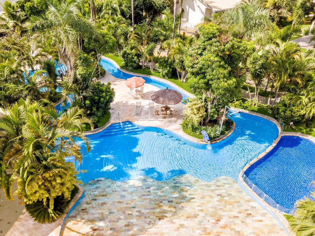 einen Luftblick auf einen Pool mit Palmen des Resorts in der Unterkunft Hotel Mil Flores in Bragança Paulista