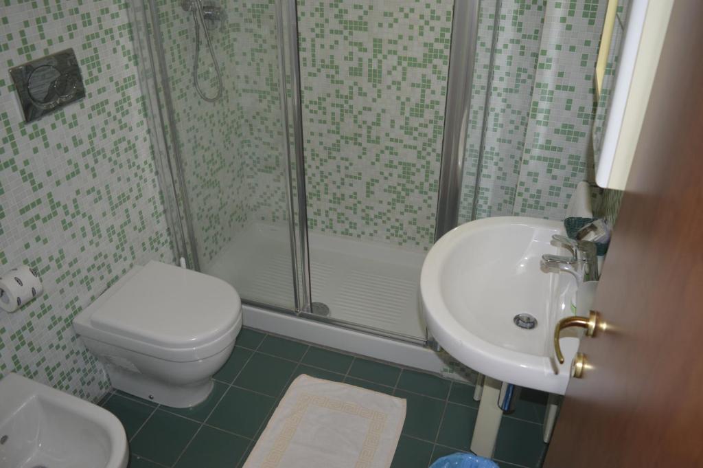 a bathroom with a shower and a toilet and a sink at Hotel Svizzera in Arma di Taggia