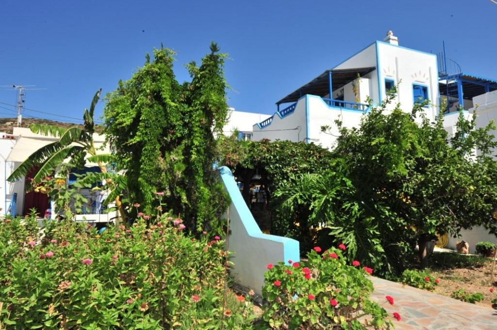 a house with a blue staircase in front of some plants at Pension Titika in Katapola