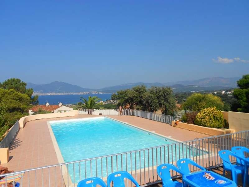 une grande piscine avec des chaises bleues et l'océan dans l'établissement paesolu, à Porticcio