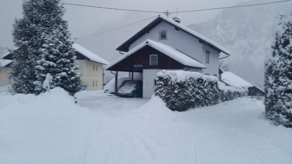 dom pokryty śniegiem przed dziedzińcem w obiekcie Ferienwohnung Haus Cerny w mieście Bad Goisern
