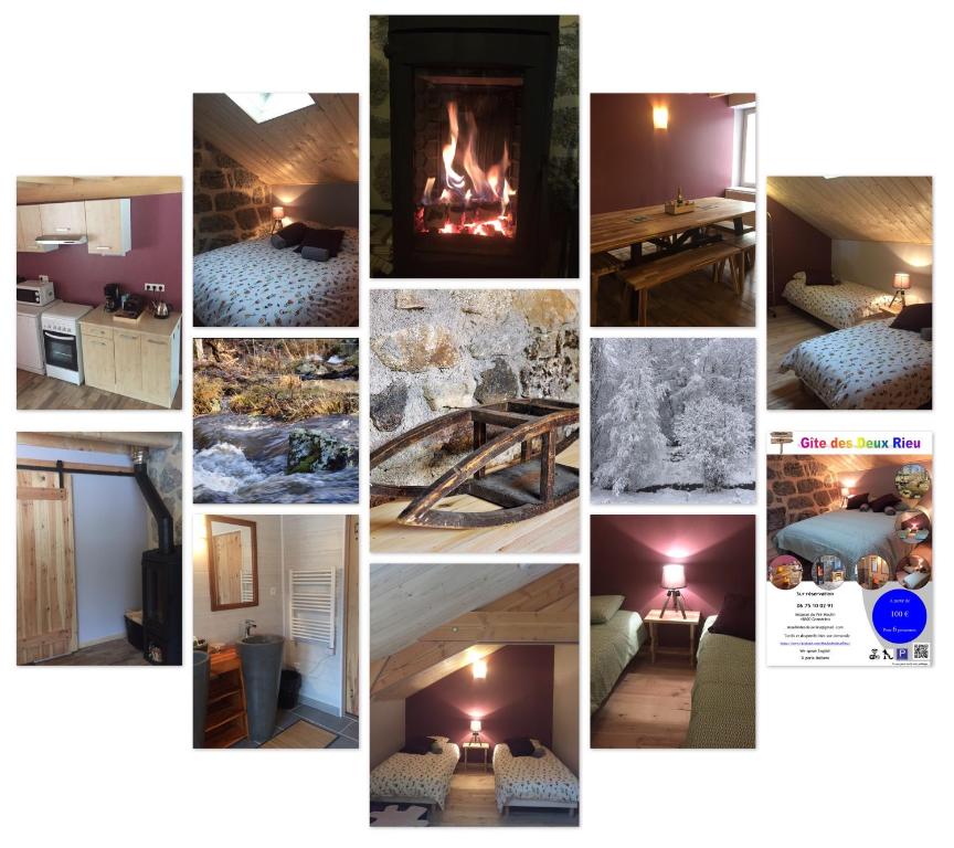 a collage of pictures of a room with a fireplace at Gîte des Deux Rieu in Grandrieu