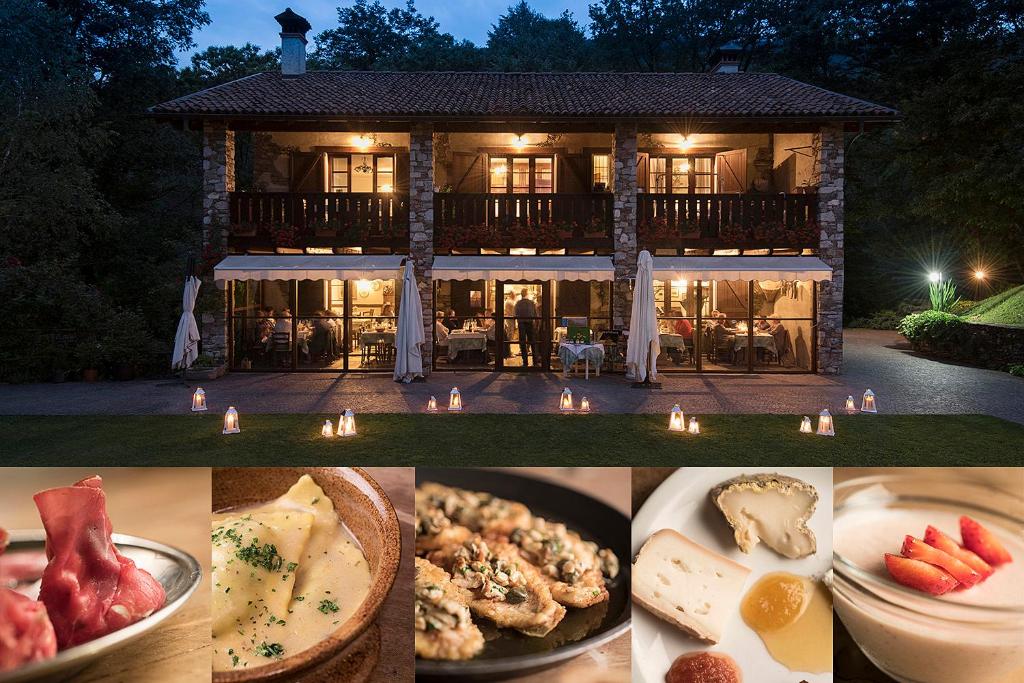 a collage of photos of a house with food and candles at Agriturismo Al Motto in Cambiasca