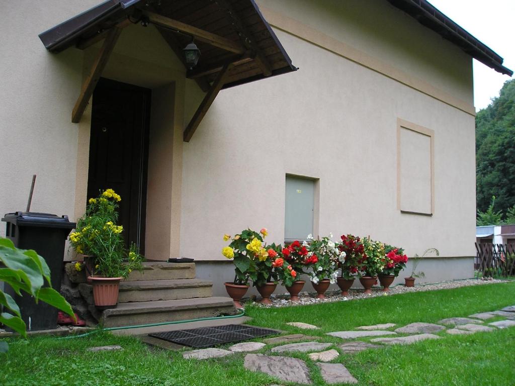 a house with pots of flowers in front of it at Apartman Svoboda in Svoboda nad Úpou