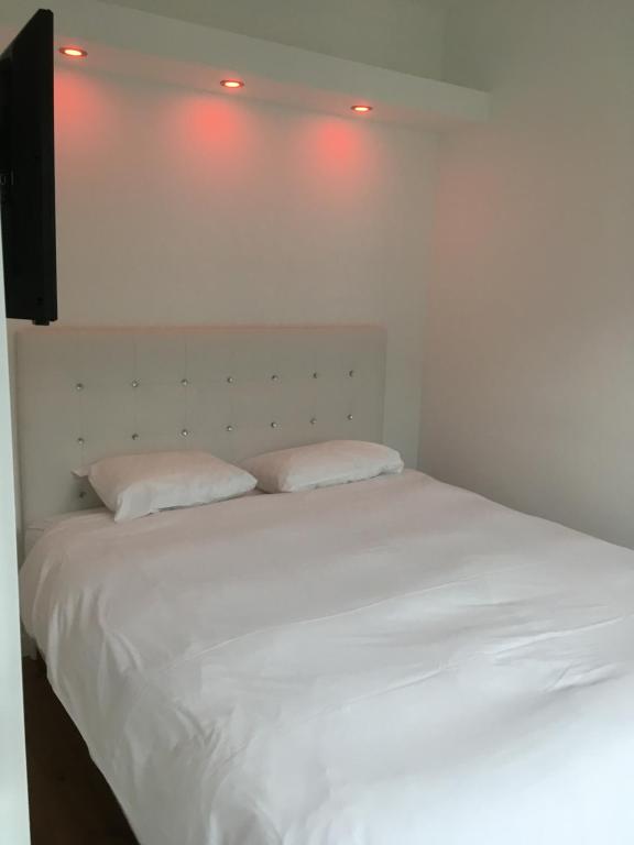 sypialnia z białym łóżkiem z 2 poduszkami w obiekcie Residence de luxe tout confort w Genewie