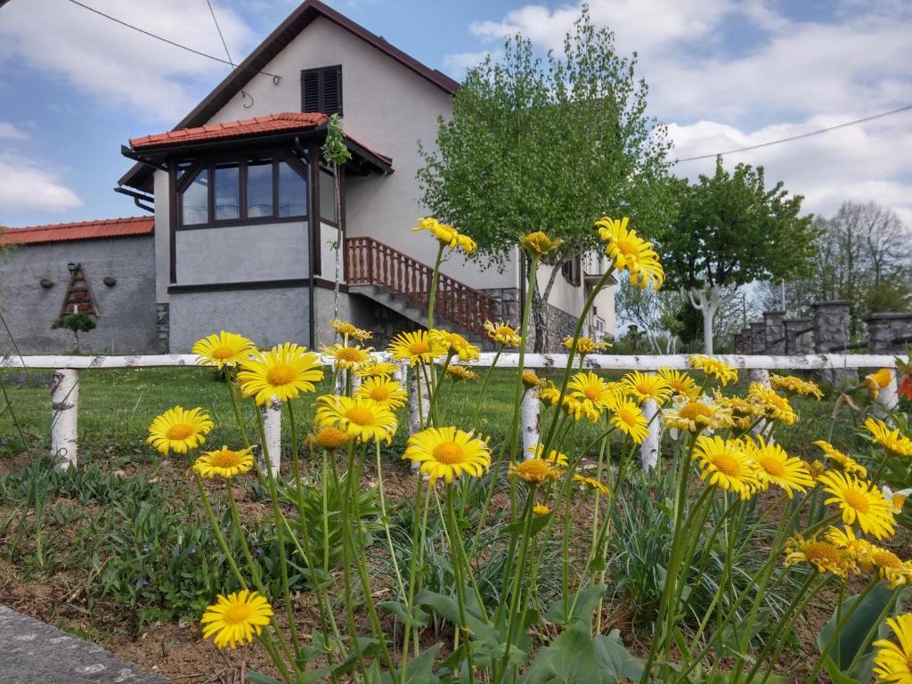 um jardim de flores amarelas em frente a uma casa em Apartment Rašće em Ogulin