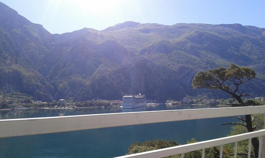 a boat on a river with mountains in the background at Apartment Sasha in Kotor