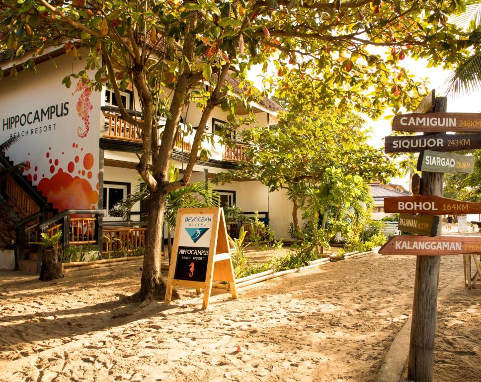 una calle con letreros delante de un edificio en Hippocampus Beach Resort, en Isla de Malapascua