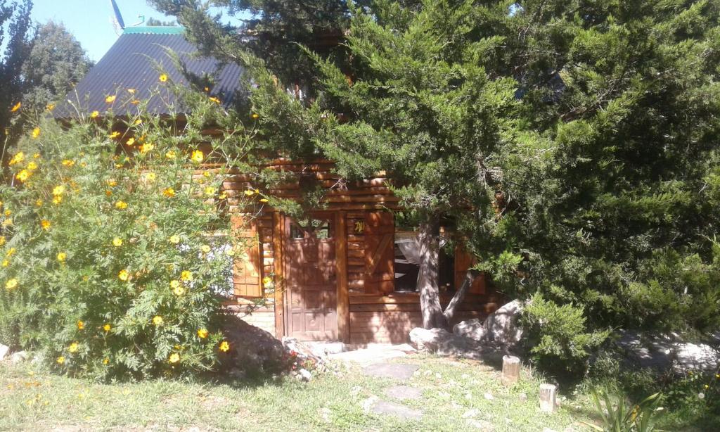a wooden cabin with a bunch of oranges on a tree at Cabaña Atha Iti in Villa General Belgrano