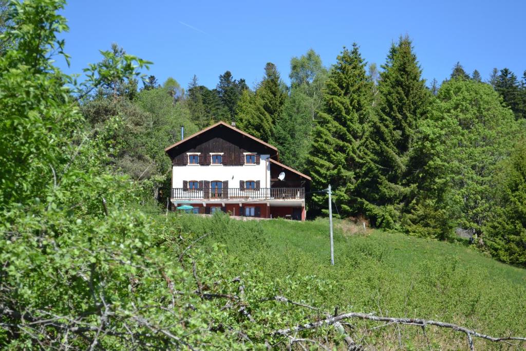une maison au sommet d'une colline avec des arbres dans l'établissement LE CHALET VOSGIEN bain nordique Kota Grill, à Gérardmer