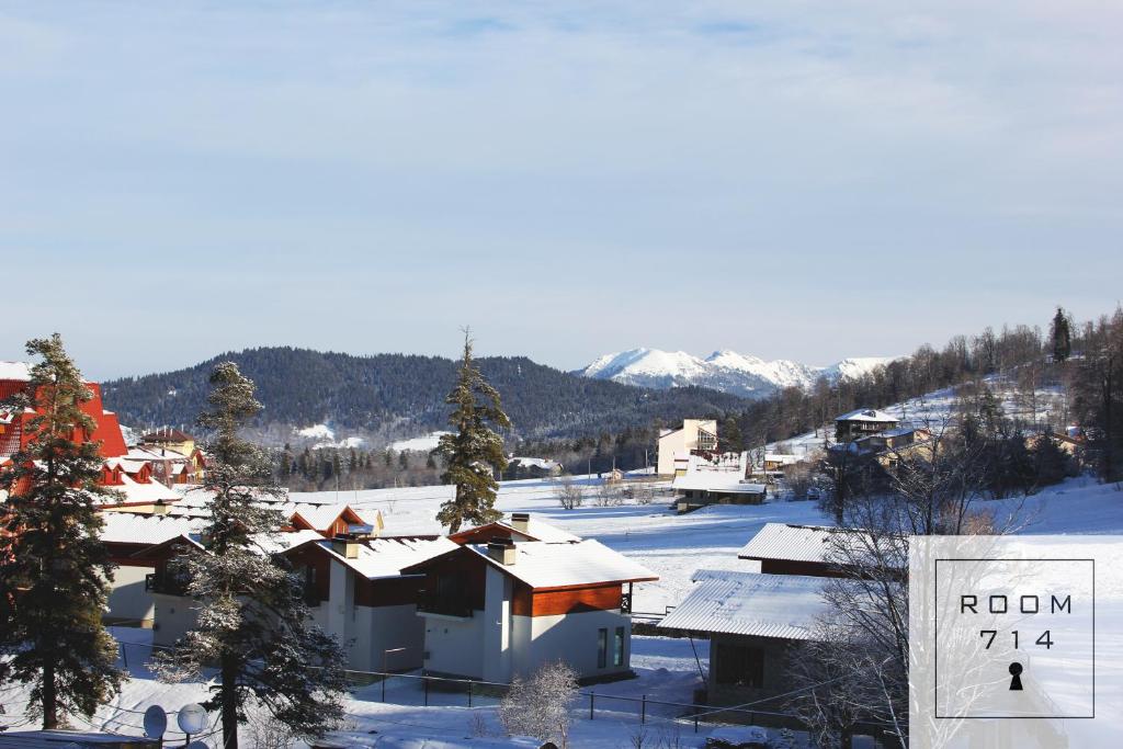 a snow covered town with a mountain in the background at ORBI Palace Deluxe in Bakuriani