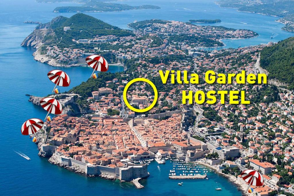 an aerial view of vida garden hostel with a yellow circle at Rooms Garden in Dubrovnik
