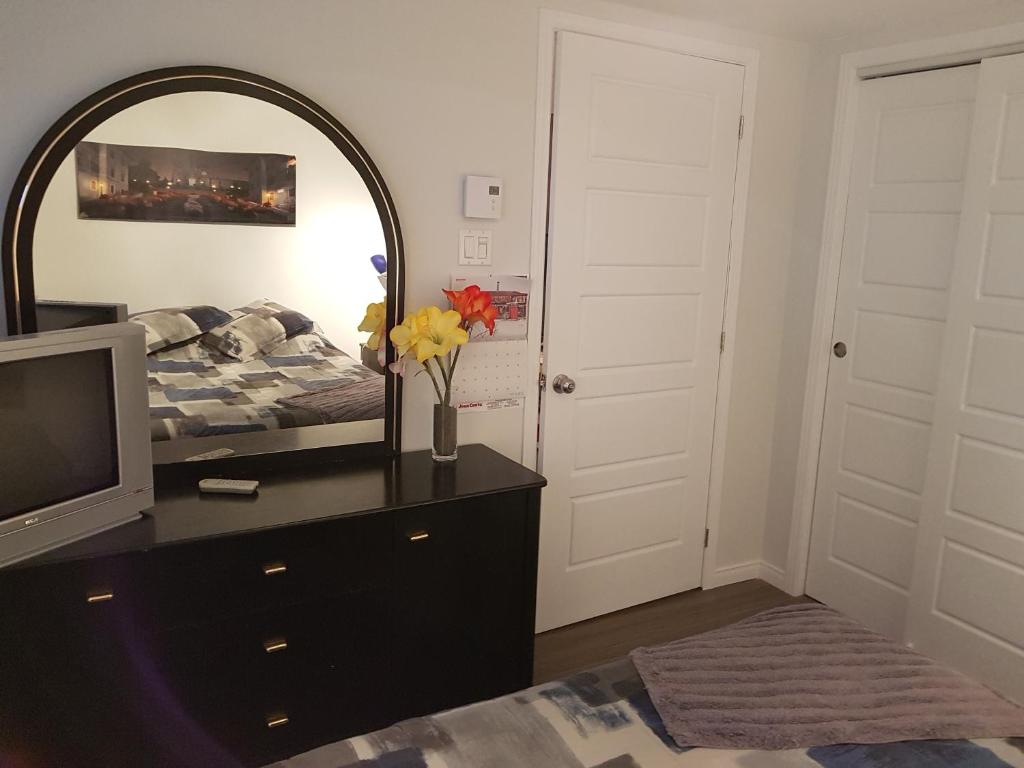 a bedroom with a mirror and a tv on a dresser at Gite La Ptite Falaise hébergement touristique in Sainte-Anne-des-Monts