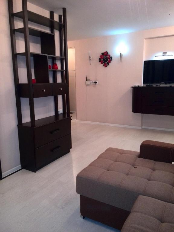 Comfort Apartment on Bogoyavlenskiy في نيكولايف: غرفة معيشة مع أريكة ورف كتاب