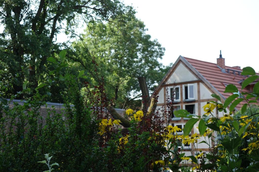 a house with a bunch of flowers in front of it at Fachwerkhaus am Fluss in Neuhardenberg