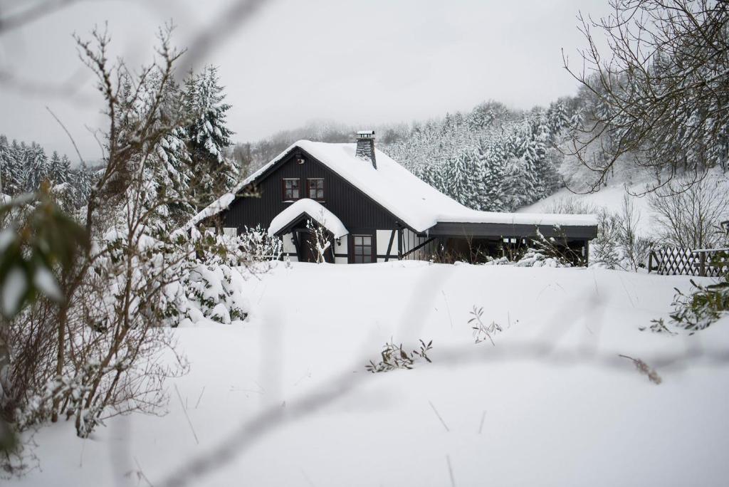 a house covered in snow in front of a fence at Romantikhütte Neuastenberg in Winterberg