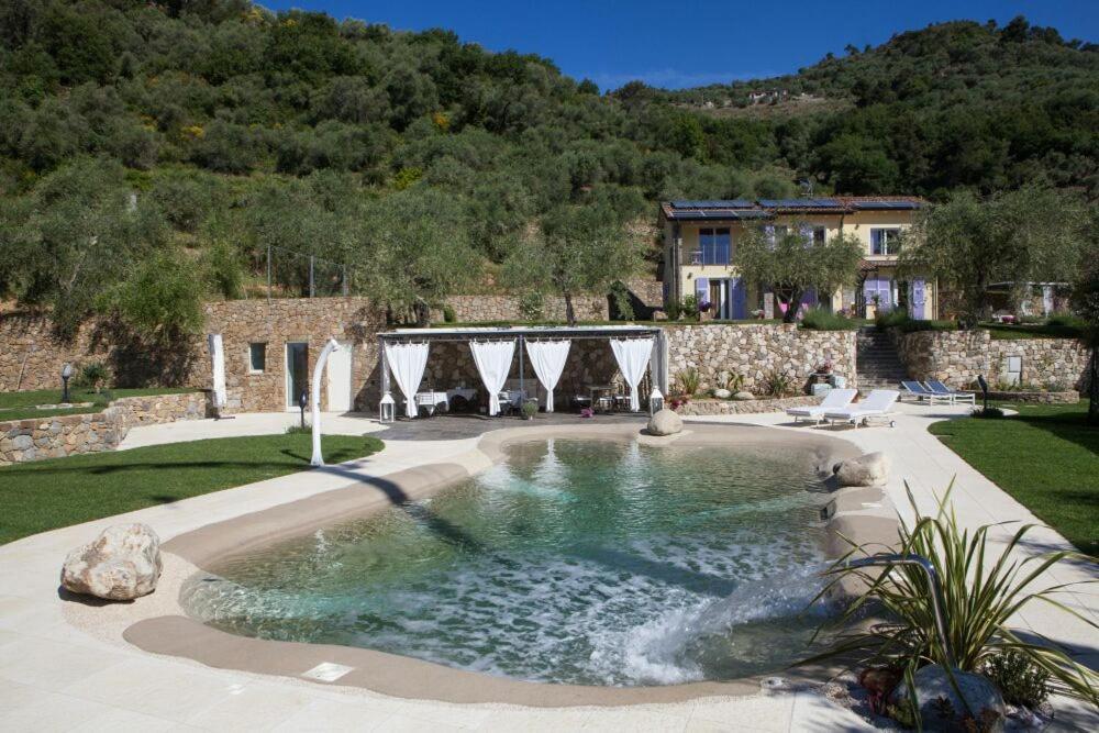 una piscina en un patio con una casa en La cicala stonata, en Dolceacqua