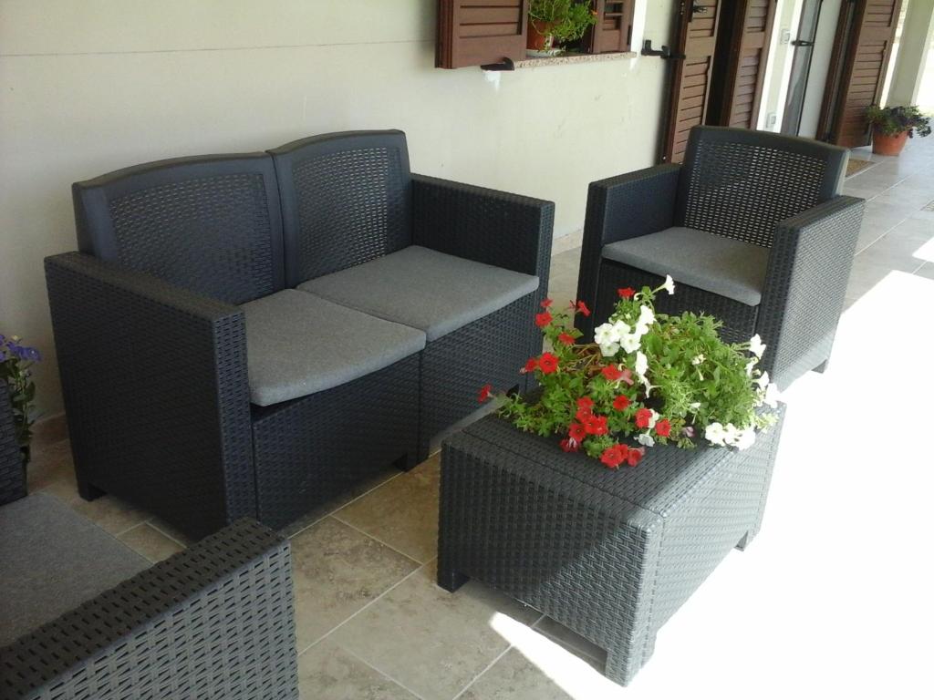 two wicker chairs with flowers on a patio at La Macchia Mediterranea in Bacu Abis