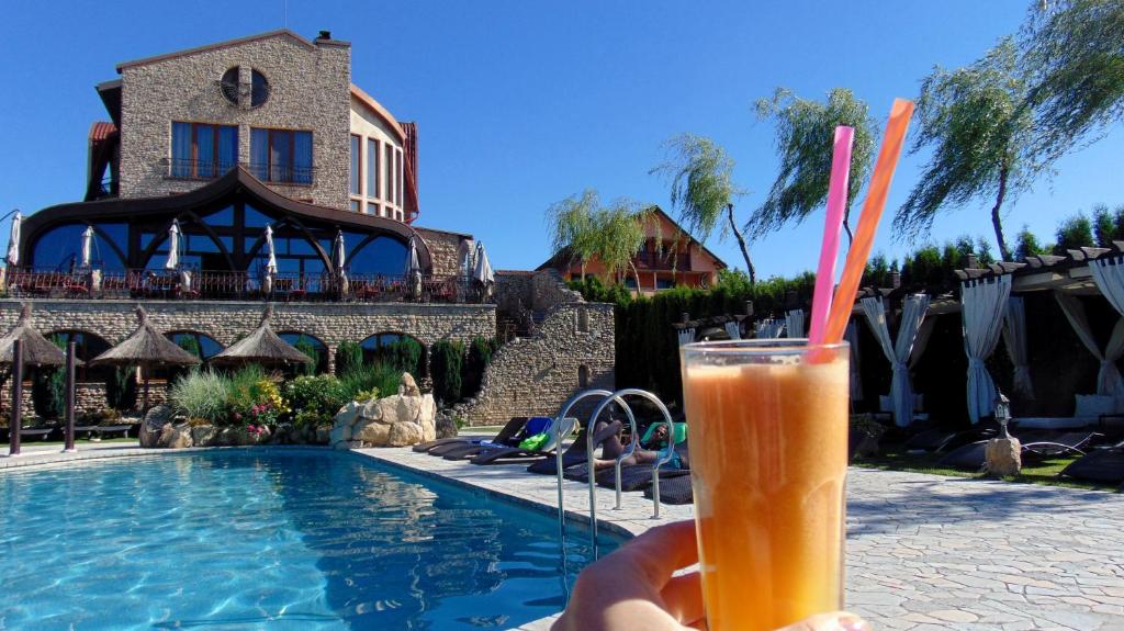 a hand holding a drink in front of a swimming pool at Castel Transilvania in Baia Mare