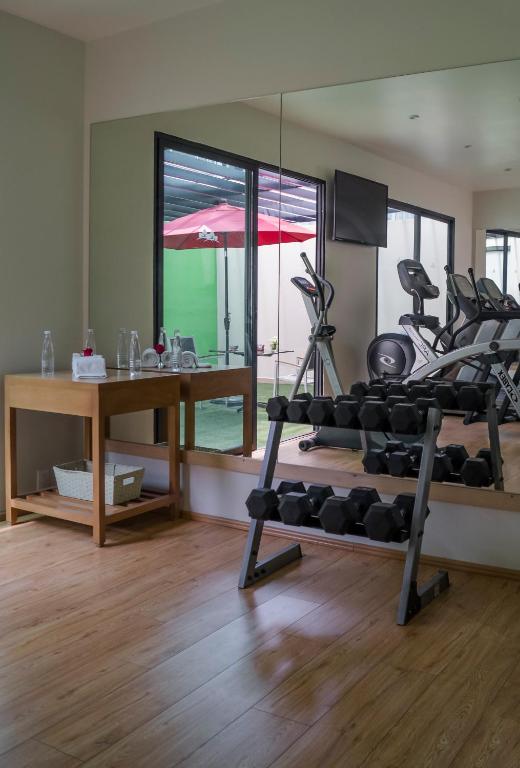 A compact gym with cardio machines, dumbbells, mirrors and a glass-door outlook.