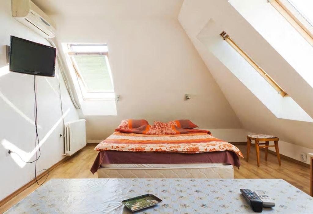 a bedroom with a bed and a tv in a attic at Stay Nexus near Airport in Sofia