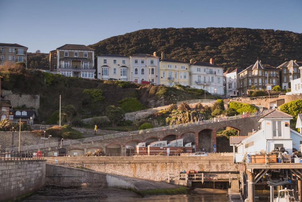 a bridge over a river with houses on a hill at The Hambrough in Ventnor