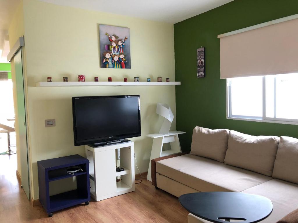A television and/or entertainment centre at Modern penthouse near the sea
